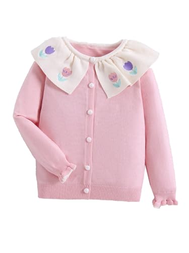 Button Down Knit Sweater with Tulip Collar – Soft Cardigan Style with Decorative Petal Embroidery