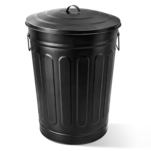 Image of Plexon Metal Trash Can with Lid 13 Gallon, Decorative Outdoor Trash Can Heavy Duty Galvanized Metal Bucket with Lid for Garage Workshop Storage Farmhouse, Black