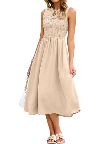 Image of Simplee Womens Summer Smocked Midi Sundress V Neck Sleeveess Boho A Line Sun Dress with Pockets