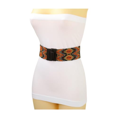 Women Elastic Beads Band Fashion Belt Hip High Waist Wood Buckle Ethnic S M3