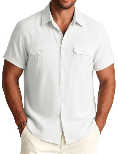 JEMITOP Men's Linen-Like Shirt Casual Stylish Short Sleeve Button Down Shirts for Summer Beach Vacation with 2 Pockets White L