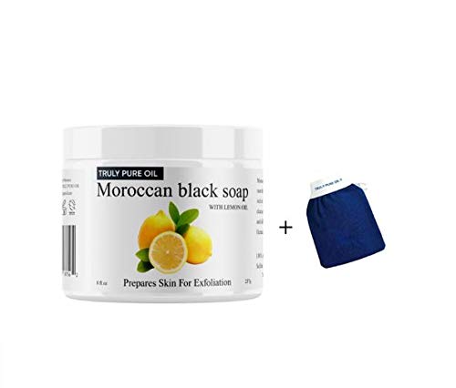 2 in 1 Pack Truly Pure Oil Moroccan Black Soap with Lemon oil + Free Kessa Glove - African Soap Prepare skin for removing dead skin and impurities- deep cleansing and soft skin 8oz (237g)
