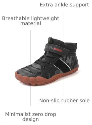 Image of KUBUA Kids High Top Barefoot Shoes Boys Girls Minimalist Zero Drop Sneakers | Wide Toe Box, Padded Collar for Ankle Support, Non-Slip, Hiking, Tennis, Walking, School, Wrestling, Gym, Little Kid, Big Kid