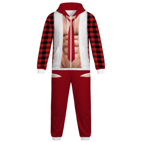 Men Ugly Christmas Hooded Onesie Fake Santa Muscle Print Full Zip Jumpsuit - image 5