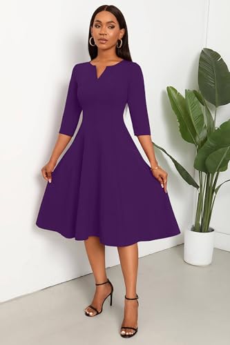 Image of Nmoder Midi Dresses for Women A-Line Fit and Flare Dress 3 /4 Sleeve V Neck Cocktail Wedding Guest Work Dress with Pockets