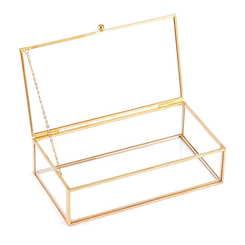 CUWMPL Golden Glass Jewelry Keepsake Box Vintage Glass Jewelry Organizer, Brass Large Clear Rectangle Box, Decorative Boxes, 8