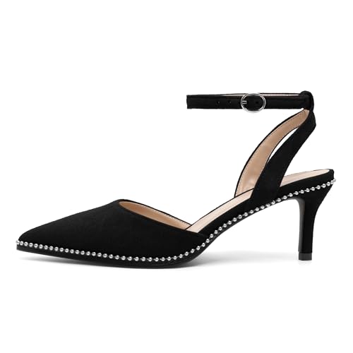Image of SAMMITOP Kitten Heels for Women Low Heel Closed Toe Ankle Strap Pumps Wedding Party Beaded Dress Shoes 2.4 Inch