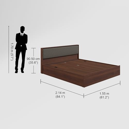 Image of Interio by Godrej Bed, Eden V2 Queen Size Engineered Wood Bed with Pullout Storage, 1-Year Warranty, Walnut, Particle Board