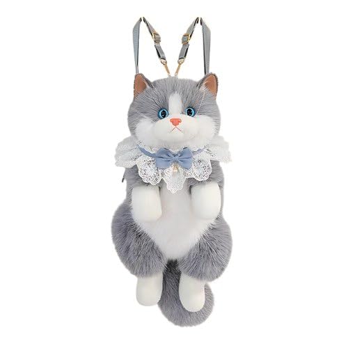 Cute Cat Plush Backpack Purse, Soft Faux Fur Kitty Shoulder Bag with Lace Collar Bow, Kawaii Animal Crossbody Bag for Girls & Women