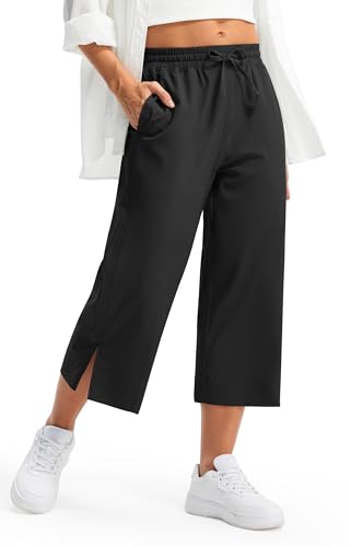 Libin Wide Leg Capri Pants for Women Lightweight Quick Dry Casual Slacks Lounge Travel Pants with Pockets Loose Fit Trousers Hiking Walking Summer, Black L