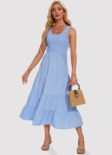 Image of Women's Summer Smocked Maxi Dresses Sleeveless U Neck Ruffle Hem Tiered A Line Flowy Dress