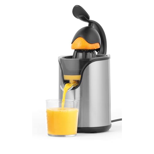 Petra PT5026VDEEU7 Exprimidor de cítricos Deluxe, zumos de pomelo, limón y naranja, 2 accesorios en forma de cono, doble funcionamiento, antigoteo, sin BPA, palanca, 100 W, acero inoxidable