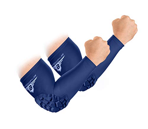 Bucwild Sports Padded Elbow Arm Sleeves for Basketball Football Volleyball Youth & Adult Size Pads (1 Pair) (Navy Blue, Adult Large)