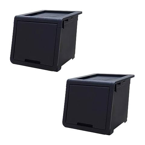 ASTAGE flip top storage bin lockable box plastic storage box with retractable lid modular stackable box storage organization - Small 2 Pack Black Cover