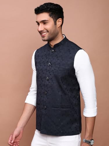 Image of SHOWOFFFF Men Woven Design Ethnic Nehru Jacket | Mandarin Collar Sleeveless Cotton NehruJacket for Mens | Slim Fit Regular Length NehruJackets for Men's