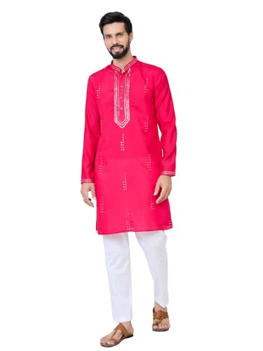 Image of See Designs Men's Full Sleeve Mandarin Collar Embroidered Thread Work Sequinned Rayon Straight Long Kurta - Festive Collection