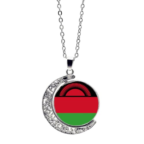 GONMFKM Collier Avec Pendentif En Forme De Lune Et De Drapeau De La République Du Malawi, Pendentif Rotatif Classique En Forme De Lune Creuse, Collier De Clavicule En Verre De Pierre De Temps, Bijou