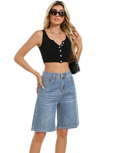 TOSATISFINE Womens Jean Shorts Trendy High Waisted Stretchy Long Denim Bermuda Shorts Knee Length Vintage Blue XL — view 5