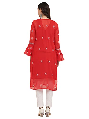 Image of FAWOMENT Women's Designer Georgette Straight Kurta with Hand Crafted Lucknowi Chikankari Embroiderey Emblemished Moti Work Along