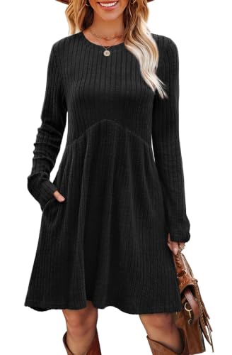 Image of OFEEFAN Long Sleeve Dress for Women Crew Neck Empire Waist Tunic Dress with Pockets