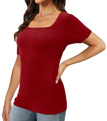 Image of XIEERDUO Womens Square Neck Short /Long SleeveTops 2024 Spring Summer Slim Fit Tees Shirts