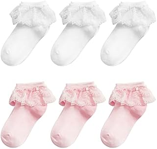 6 Pairs Girls Lace Socks, Fancy Lace Cotton Ankle Socks Girls Frilly Lace School Socks Age 5-8 (White, Pink)