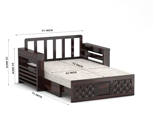 Image of Solid Wood Sofa Cum Bed for Living Room | Modern Wooden Pull-Out Diwan Bed with Cushioned Seating | Convertible 2 Seater Sofa Bed for Home & Guest Room (Walnut Finish)