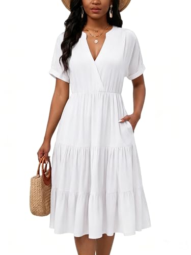 Image of PerZeal Women's Casual Tiered Midi Dress with Pockets - V Neck Short Sleeve Elastic Waist Ruffle Summer Dress for Daily Wear