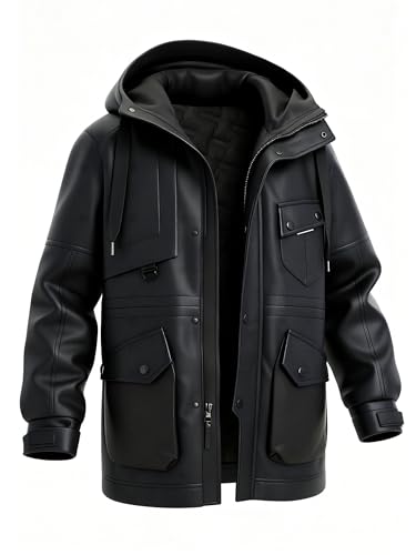 BEST SOUTH Men's Faux Leather Jacket Long Winter Coat Motorcycle Warm Casual Bomber Hood