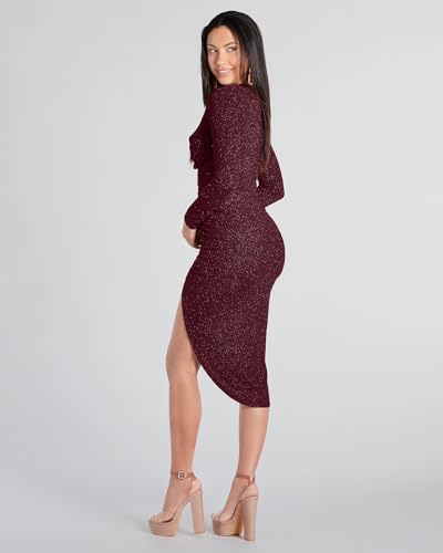 Image of ADDYVERO V-Neck Long Sleeve Lurex Gliter Solid Front Slit Front Ruched Seam Bodycon Above Knee Length Women Dress