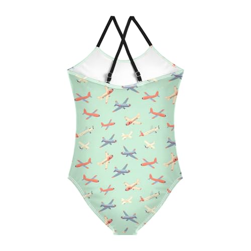 senya Girls Swimsuits One-Piece Swimwear Tie Bathing Suit Beach Summer Round Neck 7-8T Airplane Green Background Pattern2