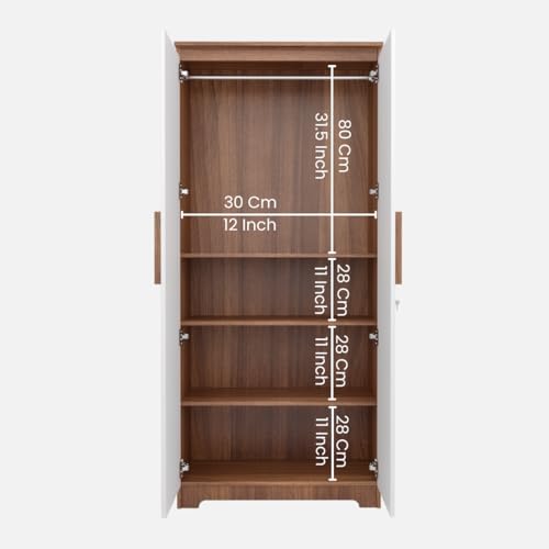Image of COUCH CULTURE Amber Engineered Wood 2 Door Wardrobe | Almirah | Wardrobe with Hanging Rode and Lock | Storage Organizer | Multipurpose Almirah | 4 Shelves | 1 Year Warranty - White & Leon Teak