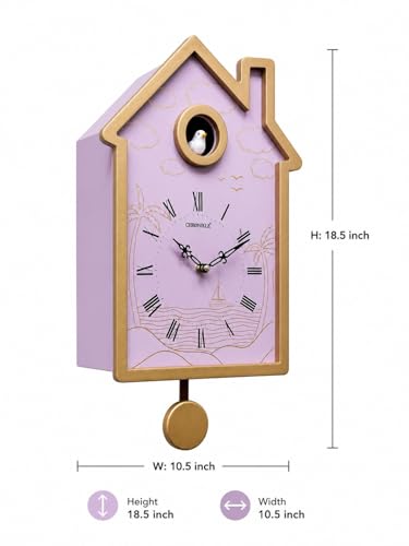 Image of CHRONIKLE Modern Stylish Non Ticking Silent Analog Hut Shape Wooden Cuckoo Wall Clock for Home, Living Room, Bedroom, Office, and Kitchen (Purple) (18 x 10 Inch : Weight - 2350 Grm)