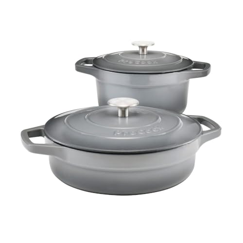 ProCook Graduated Cast Iron Dutch Oven Set - 2 Piece, 20cm/24cm, Casserole Dishes with Lid - Grey, Durable Induction Compatible Cookware