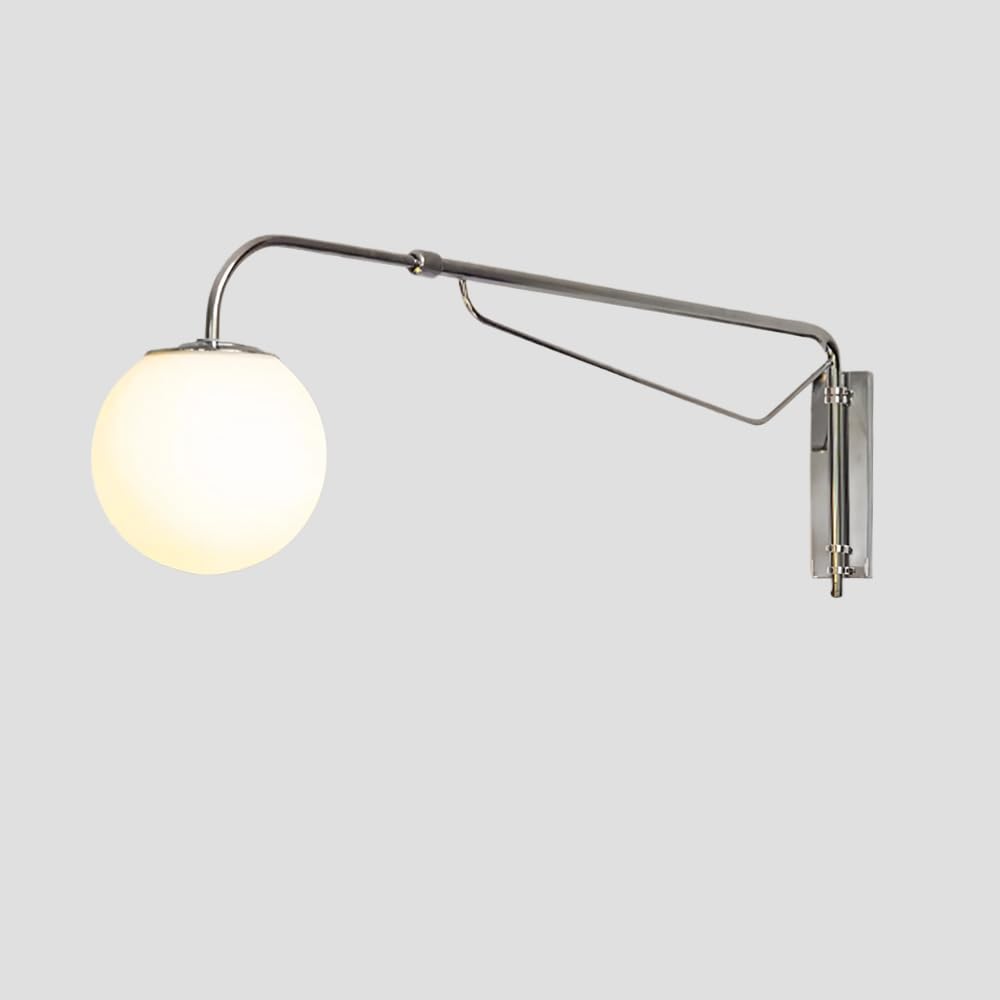 SXECAEPS Bedroom Bedside Wall Lamp for Indoor, Chrome Retractable Light with Globe Glass Lampshade, Hardwired Fixture Living Room Study Metal Sconces