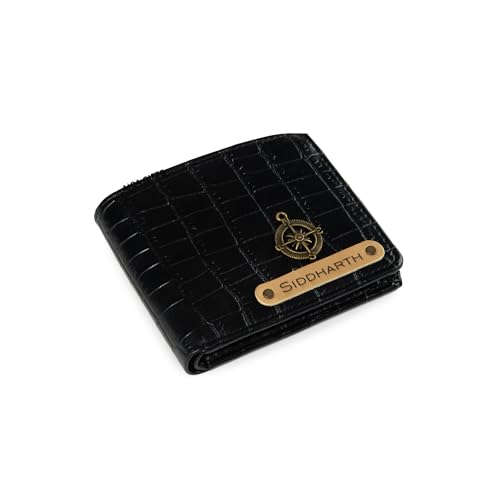 Image of AICA Personalised Name & Charm Leather Mens Wallets (Black) |Purse for Men Wallet | Gift for Man| Customized Wallets for Men |Rakhi Set Raksha bandhan Gift for Brother | Rakhi Gift Hamper for Brother