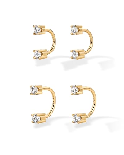 PAVOI 14K Gold Plated Sterling Silver Posts Double Half Huggie Earring Jacket Pack for Women - Gold Statement Loop Hoop Earring Set - Heart Ball Cubic Zirconia Screwback Studs3