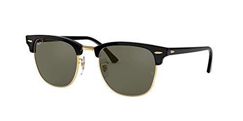 Ray-Ban RB3016 Clubmaster Square Sunglasses, Black on Gold/Green, 51 mm