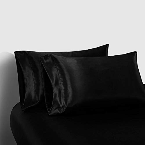 Homiest 4pcs Satin Sheets Set Luxury Silky Satin Bedding Set with Deep Pocket, 1 Fitted Sheet + 1 Flat Sheet + 2 Pillowcases (Queen Size, Black) - Thumbnail 4
