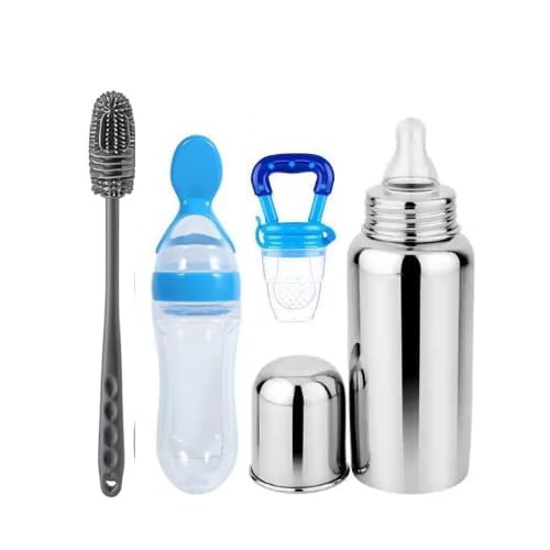 Riyo Baby Feeding Combo Set | 4 in 1 Baby's Feeder Bottle, Food Feeder, | Newborn Baby Essentials Kit | BPA Free, Safe & Easy to Clean (Steel Bottle, Spoon Feeder & Fruit Nibbler) (Multicolor) Pack of -4