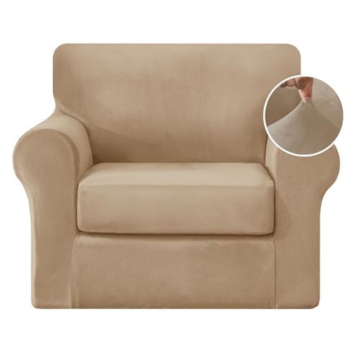 Huierxun 3 Pieces Velvet Stretch Armchair Cover Luxury 1 Seater Couch Cover with Backrest Cover and Cushion Cover with Elastic Band Washable Furniture Protector for Pets, Kids (Sand, Small)