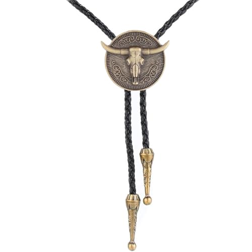 Image of Joxevyia Bolo Tie for Men Vintage Cow Skull Leather Rope Western Cowboy Necktie Vintage Bola Tie Gift for Him
