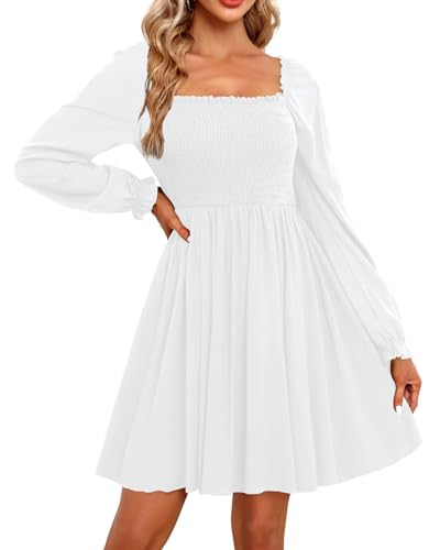Image of Holipick Women's Casual Square Neck Smocked Dress Shirred Ruffle Puff Sleeve High Waist Cute Flowy A-Line Short Dress