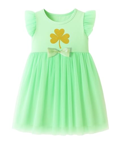 HILEELANG Toddler Girl Green Clover Dress Lucky Shamrock Tulle Outfit with Bow St Patricks Day Spring Party Clothes for Kids 3T