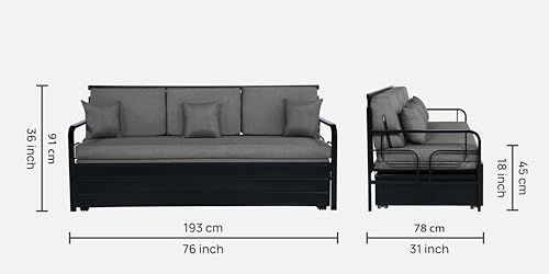 Image of 3 Seater Metal Sofa Cum Bed with Hydraulic Storage | Sofa Set for, Living Room, Guest Room, Bedroom| Queen Size Convertible Sofa Bed Comfortable Seating |Queen Size (Grey & Black)