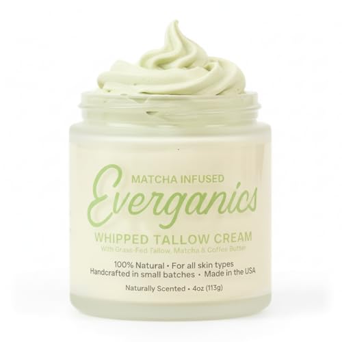 Everganics Organic Matcha-Infused Whipped Tallow Cream for Skin | Grass-Fed Beef Tallow Natural Moisturizer for Face & Body | Made in USA | 4 oz (Large Size)