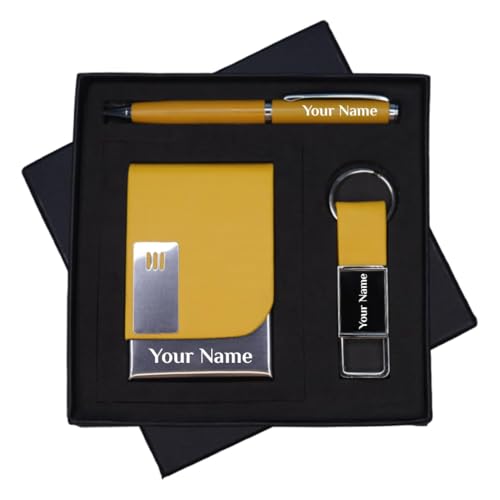 Image of Giftana Personalized Card Holder with Pen, Keychain with Name, 3 in 1 Customized Pen, Card Holder Keychain Gift Set, Personalised Gifts for Husband, Corporate Gifts for Employee (Yellow)
