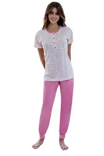 Leo Corsetteria Pijama de mujer 100% algodón de manga corta con pantalón largo con puños, con botones, Rosa Ciclamen, XL