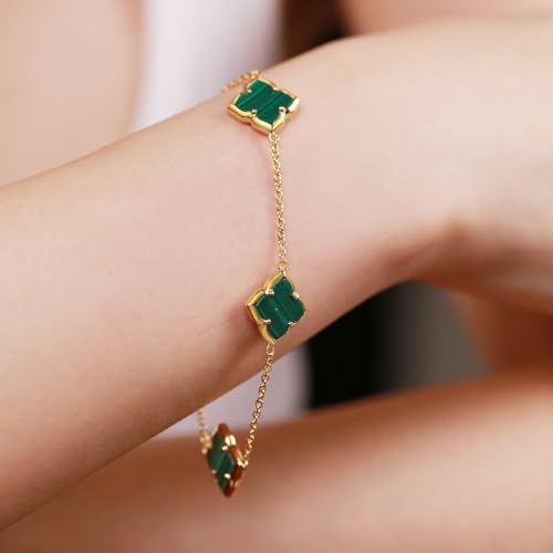 Lavari Jewelers Black Onyx, Malachite or Mother of Pearl Four Petal Flower Link Bracelet for Women in 925 Sterling Silver with Yellow Gold Plating Adjustable 7.25 Inches Long Lobster Claw Clasp2