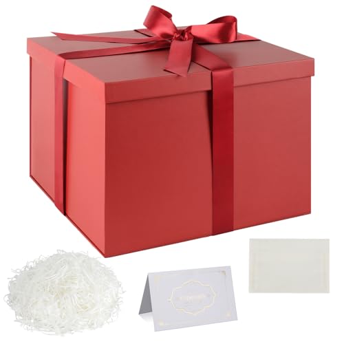 Ensemble Boite Cadeau, Boites Cadeau Rouge avec Couvercles 24 x 24 x 18 cm Profond Boîte Cadeau avec Ruban Papier de Soie Déchiqueté Cartes de Voeux pour...